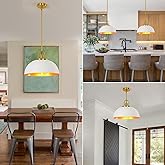YHANFENGCY 15.7-inch White and Gold Pull Chain Large Modern Industrial Retro Dome Ceiling Pendant Light, Suitable for Kitchen