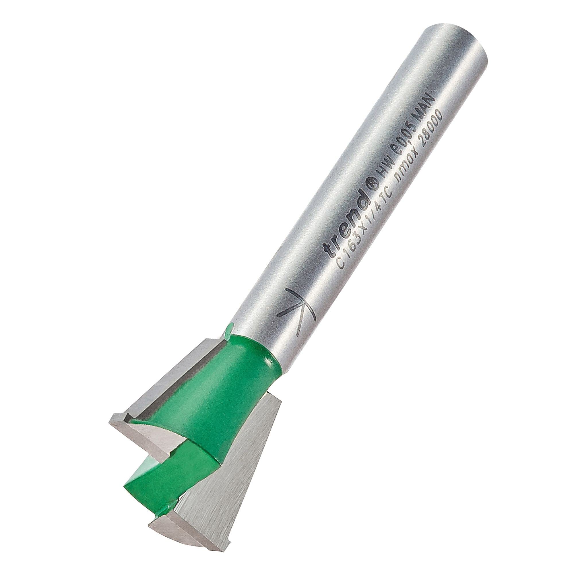 Trend CraftPro Dovetail Router Cutter, 1/4 Inch Shank, 15mm Cut Diameter & 13.7mm Cut Length, 104 Degrees Spurs, TCT, C163X1/4TC