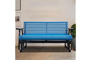 Beneouya 2-Seater Outdoor Rocking Chair, 5FT Wood Glider Chair with High Roll Back, Cupholders and Deep Contoured, Glider Rocking Chair for Porch, Garden, Dark Grey and Blue