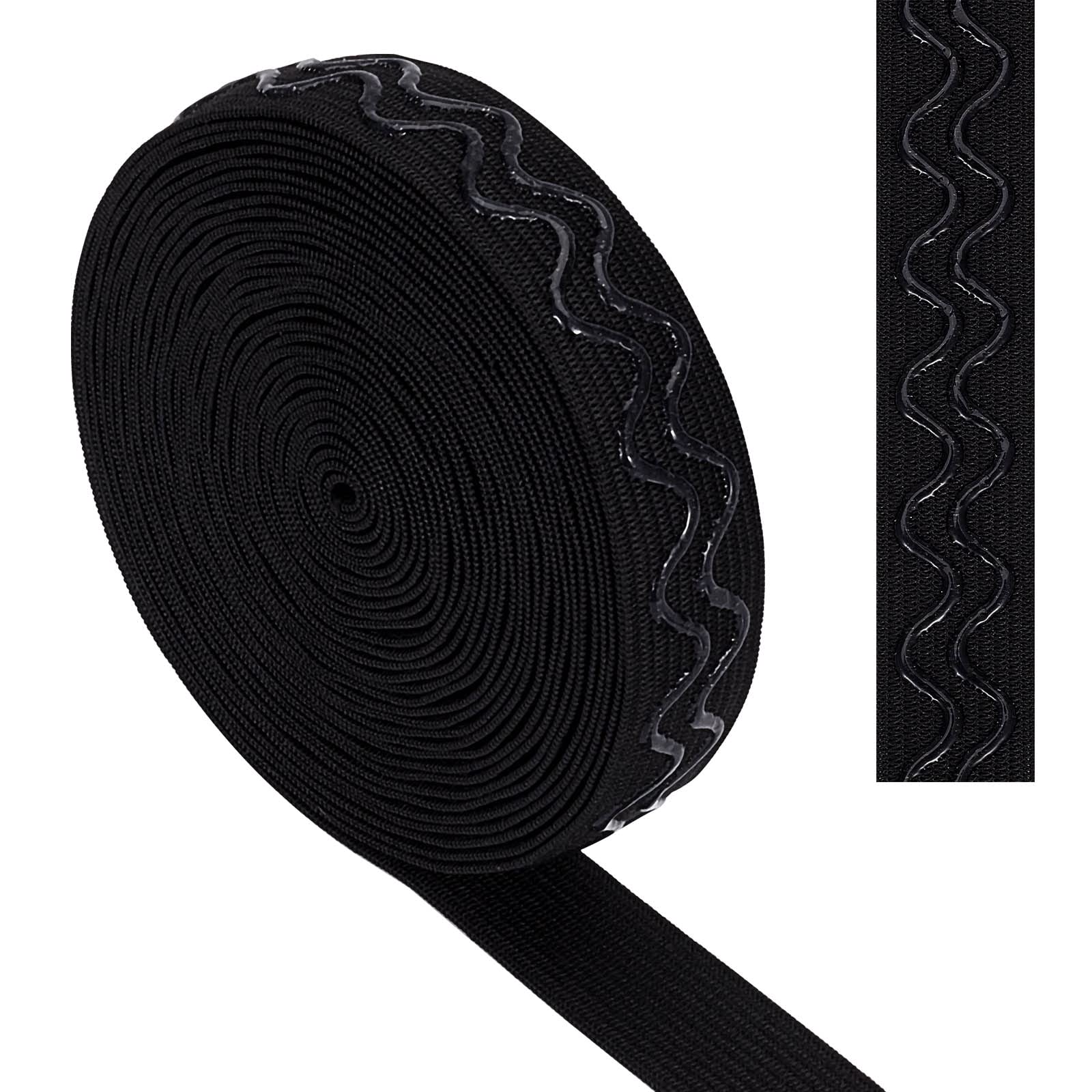 GORGECRAFT 10 Yards Black Non-slip Silicone Elastic Gripper Band 0.8 Inch 20mm Wave Gripper Tape Webbing Stretchy Strap Spool Wavy Band Roll Ribbon Flat Waistband for Clothing Garment Shorts Project