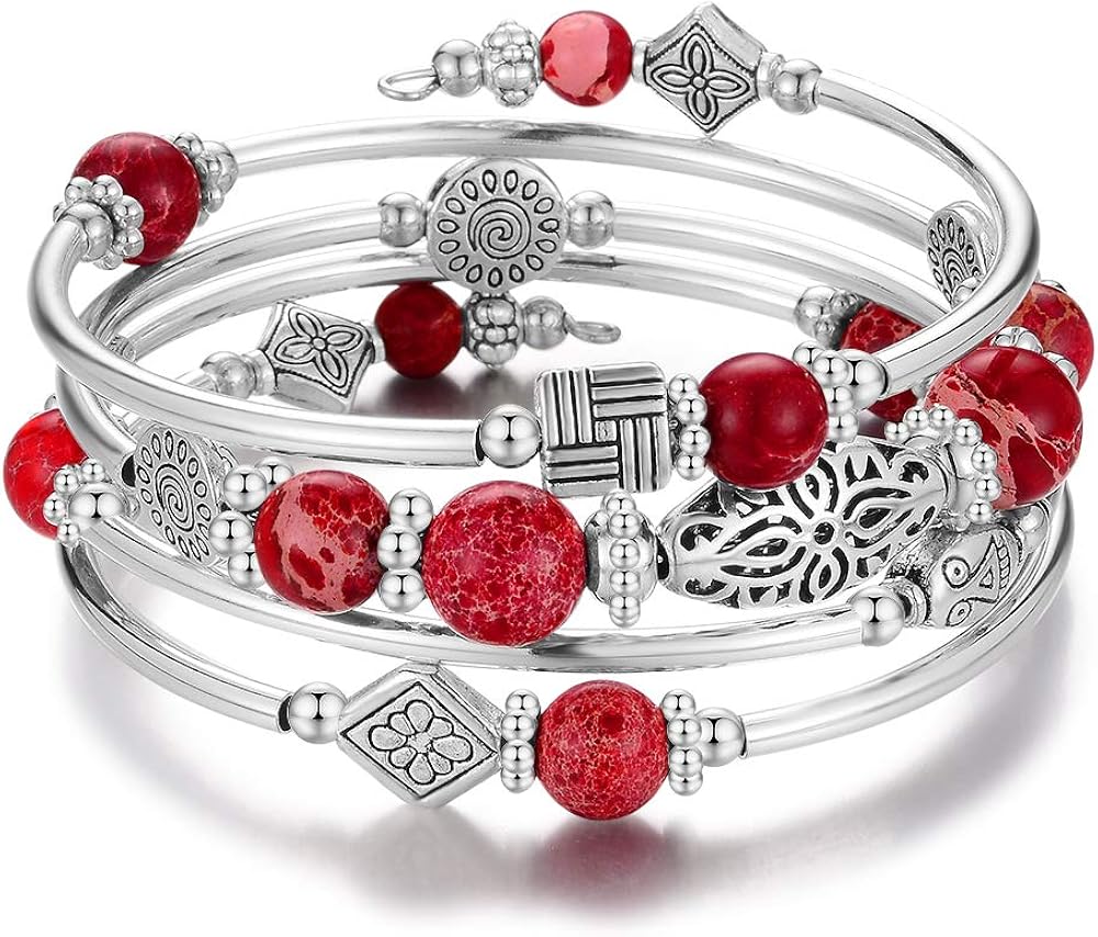 Beaded Silver Bangle Wrap Bracelet for Her, Layered Bohemian Bracelets