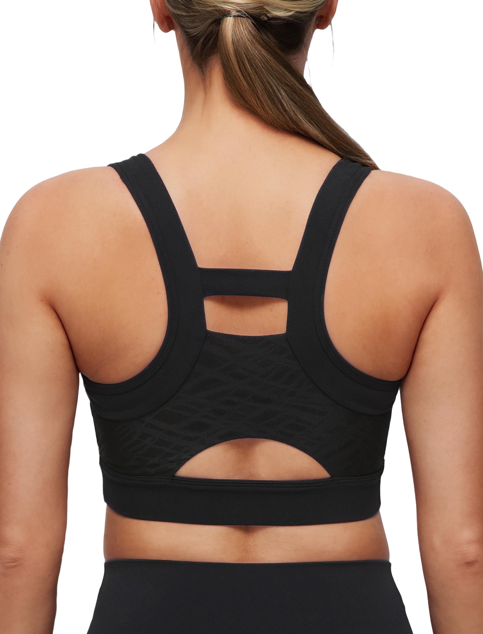 Photo 1 of Yvette Elegant Mesh Back Yoga Bra Racerback Light Support Padded Wireless Bra Full Coverage Cropped Tank Top,Black,M