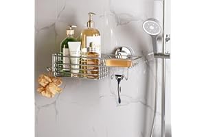 LEVERLOC Shower Caddy Suction Cup, Shower Shelf with Hooks and Soap Holder, NO-Drilling Bathroom Organizer, Rustproof Metal B