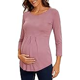 Glampunch Women's Maternity Tops Short & 3/4 Sleeve Round Neck Front Pleat Peplum Tunic Top Pregnancy Shirts