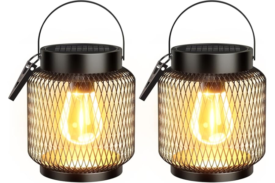 KOOPER Metal Solar Lanterns Outdoor Waterproof, 2 Pack Brighter Hanging Solar Lights for Outside, Up to 15 Hours Modern Hanging Solar Powered Lanterns Lights for Yard Patio Path Tree Garden Decorative
