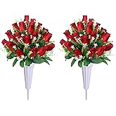 IDMOP Artificial Cemetery Flowers for Grave,2Pack Memorial Roses Bouquets with Vase for Grave Tombstone Decorations (Red)