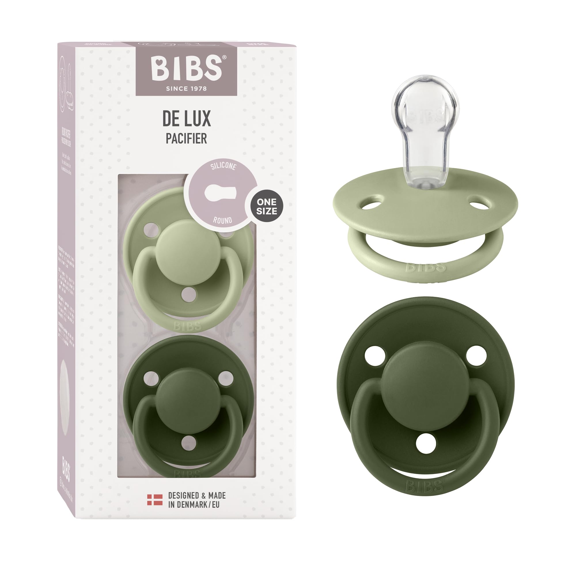 BIBS De Lux Dummies 2-Pack, BPA Free Dummy Pacifier, Round Nipple. Silicone, OneSize (0-36 Months), Sage/Hunter Green