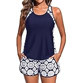 Women Tankini Swimsuit with Shorts - Tummy Control Two Piece Bathing Suit 2025 Swimwear with Sporty Pockets