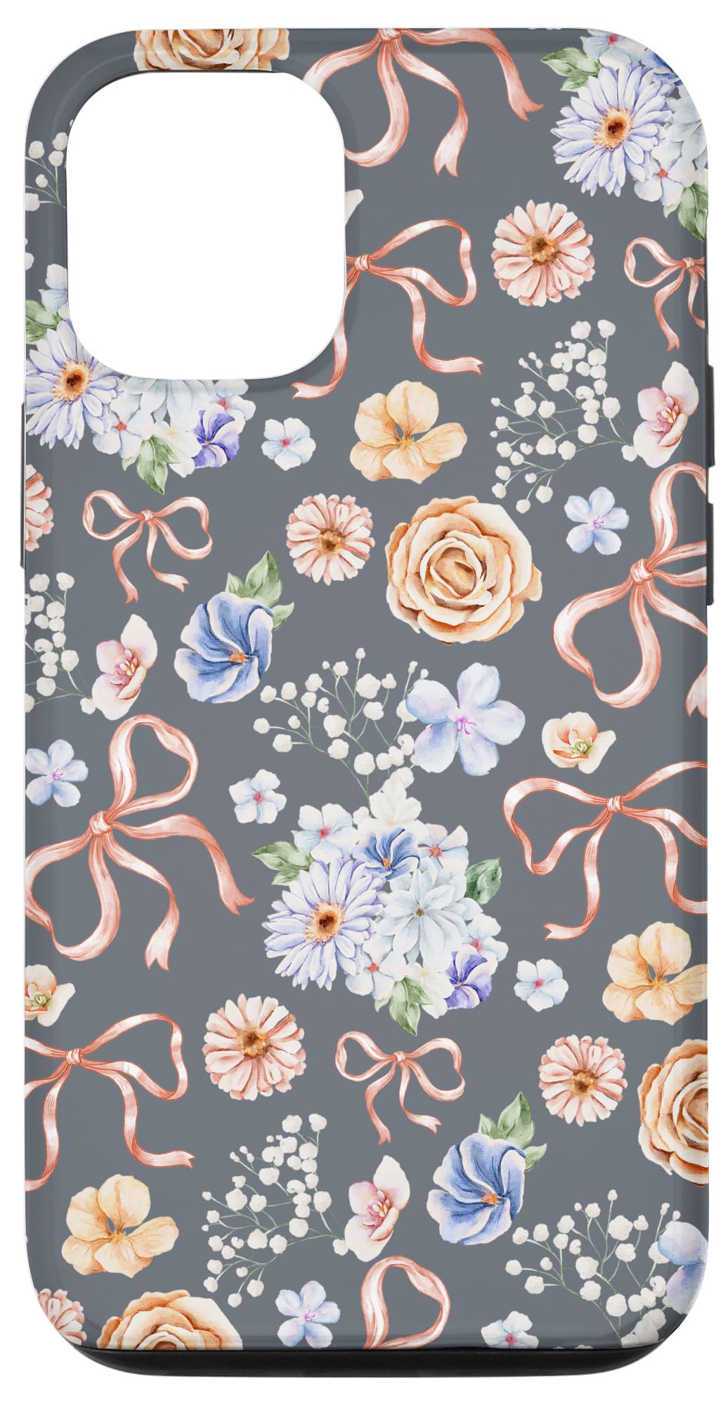 iPhone 12/12 Pro Vintage Watercolor Floral and Pink Bows on Slate Gray Case