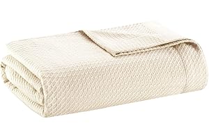 Madison Park Soft Certified 100% Egyptian Cotton Breathable Cozy Blanket, Premium Waffle Knit Classic Design, Luxury All Season Lightweight Cover for Bed, Couch and Sofa, Ivory King(108"x90")