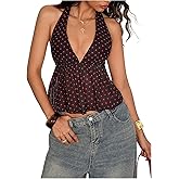 Milumia Women's Y2K Polka Dots Tie Backless Halter Top V Neck Ruffle Hem Peplum Going Out Crop Tank Tops