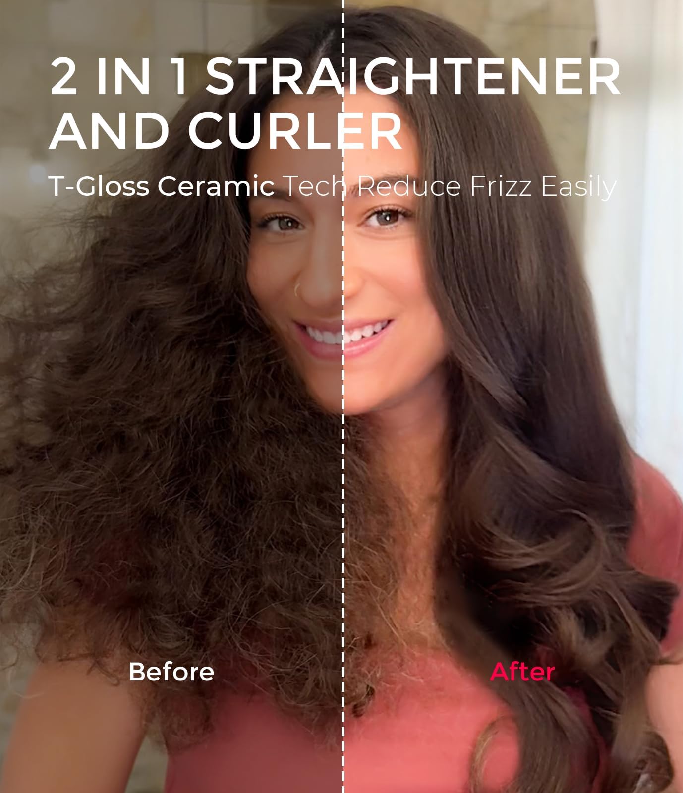 TYMO Thermal Brush Curling Brush - STYLUX 1.7 Inch Blowout Volumizer with Flexi-Fit for Hair Straightening, Heated Round Styler Tool, Hair Straightener and Curler 2 in 1, Dual Voltage & Light, Gold