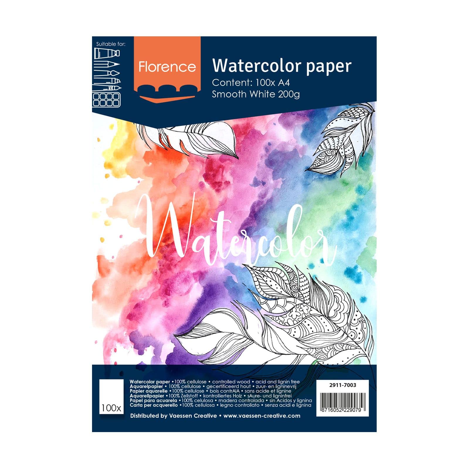 Vaessen Creative Florence Hot Pressed Watercolour Paper, A4, Smooth 200gsm