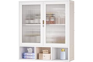 Cozivolife Bathroom Wall Cabinet with 2 Frosted Door,Bamboo Medicine Organizer with Open Compartment,Over The Toilet Storage Shelf Space Saver (White)