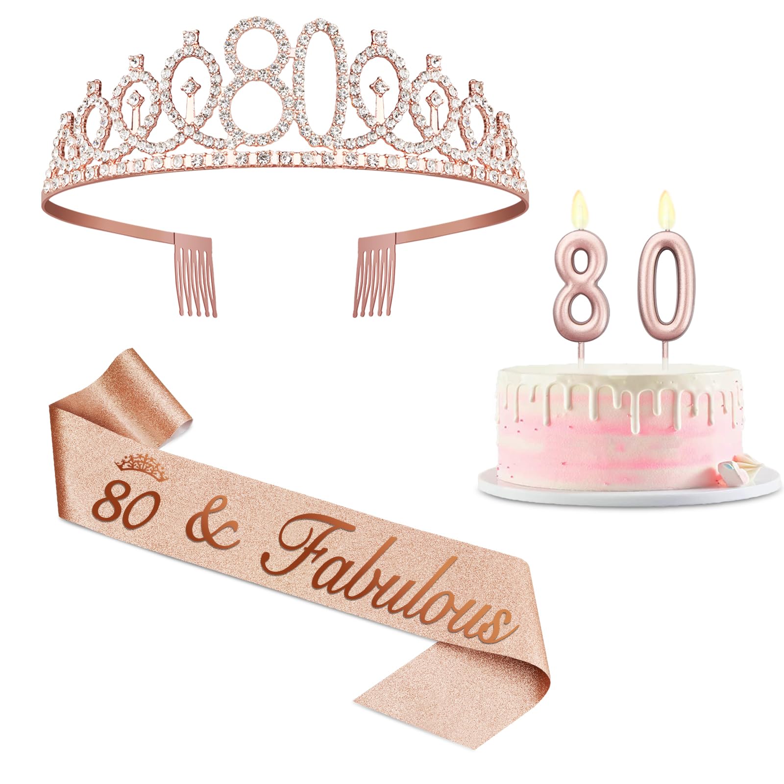 Photo 1 of 80th Birthday Decoration for Women with Rose Gold Sash, Tiara,Numbers Candles, Sincere 80th Birthday Gifts for Women