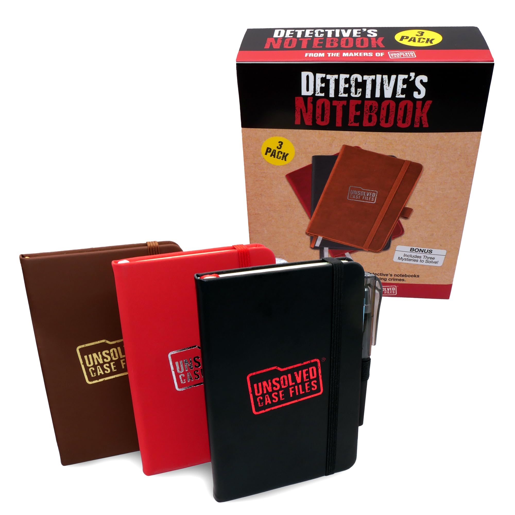Unsolved Case Files Detective's Notebook | 3 Pack of Pocket-Sized Blank Notebooks for Crime Fans | 3 to Solve - Black, Brown, Red Mini-Notebook | Portable Field Journal for Diary, Notes, Planner