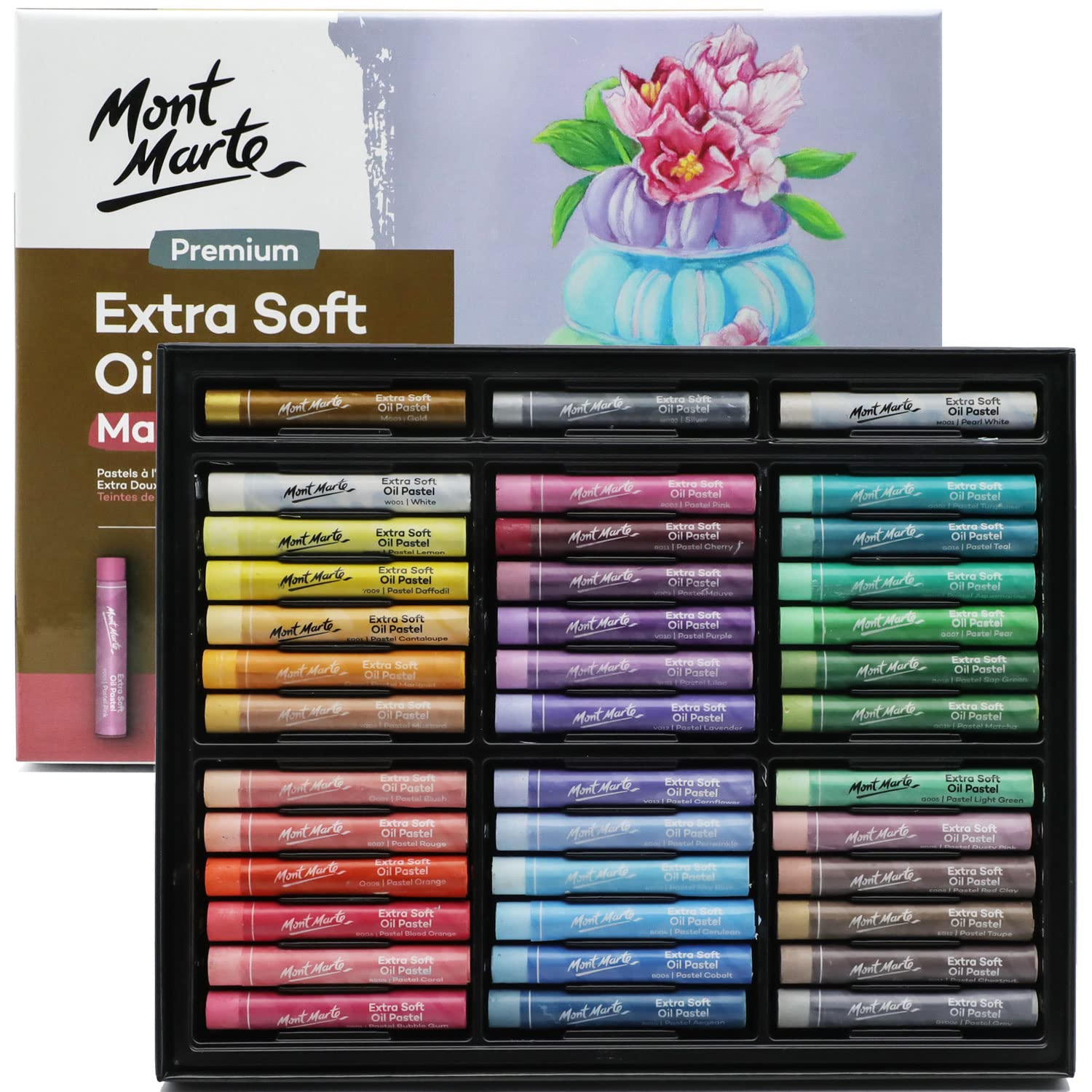 Mont Marte Extra Soft Oil Pastels Macaron Hues Premium 39pc, Assorted Pastel & Metallic Colors, Vibrant, Buttery, Versatile Art Pastels for Blending, layering & Shading, Coloring, Sketching