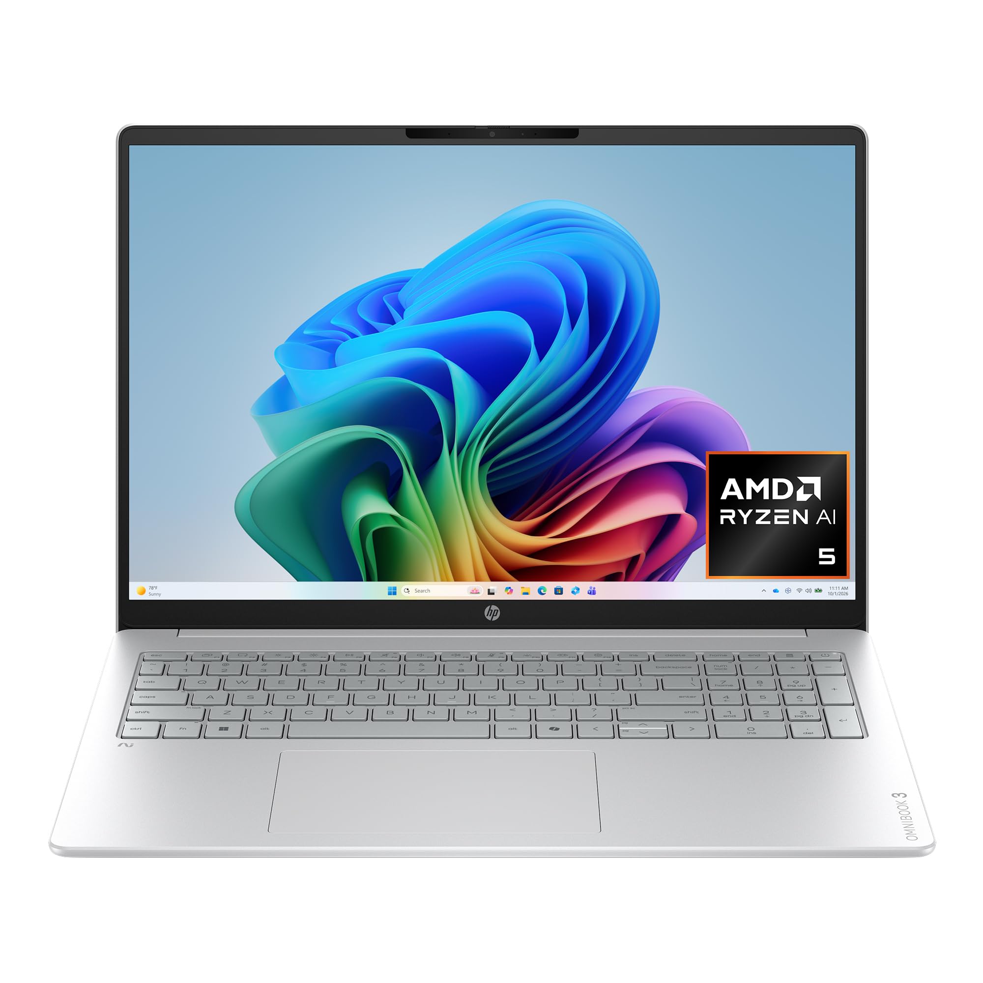 HP OmniBook 3 16 inch Next Gen AI PC, 2K Touchscreen, AMD Ryzen AI 5 430, 16 GB RAM, 512 GB SSD, AMD Radeon 840M GPU, Windows 11 Home, Glacier Silver, 16-bv0099nr