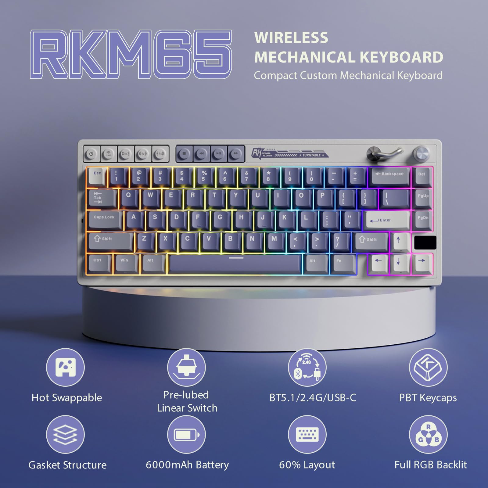 RK ROYAL KLUDGE M65 Wireless Mechanical Keyboard with Volume Knob, 60% Tri-Mode Gaming Keyboard 2.4G/BT/USB-C, Gasket Mount, Battery Display, PBT Keycaps, Hot-Swappable Cream Switch, Blue