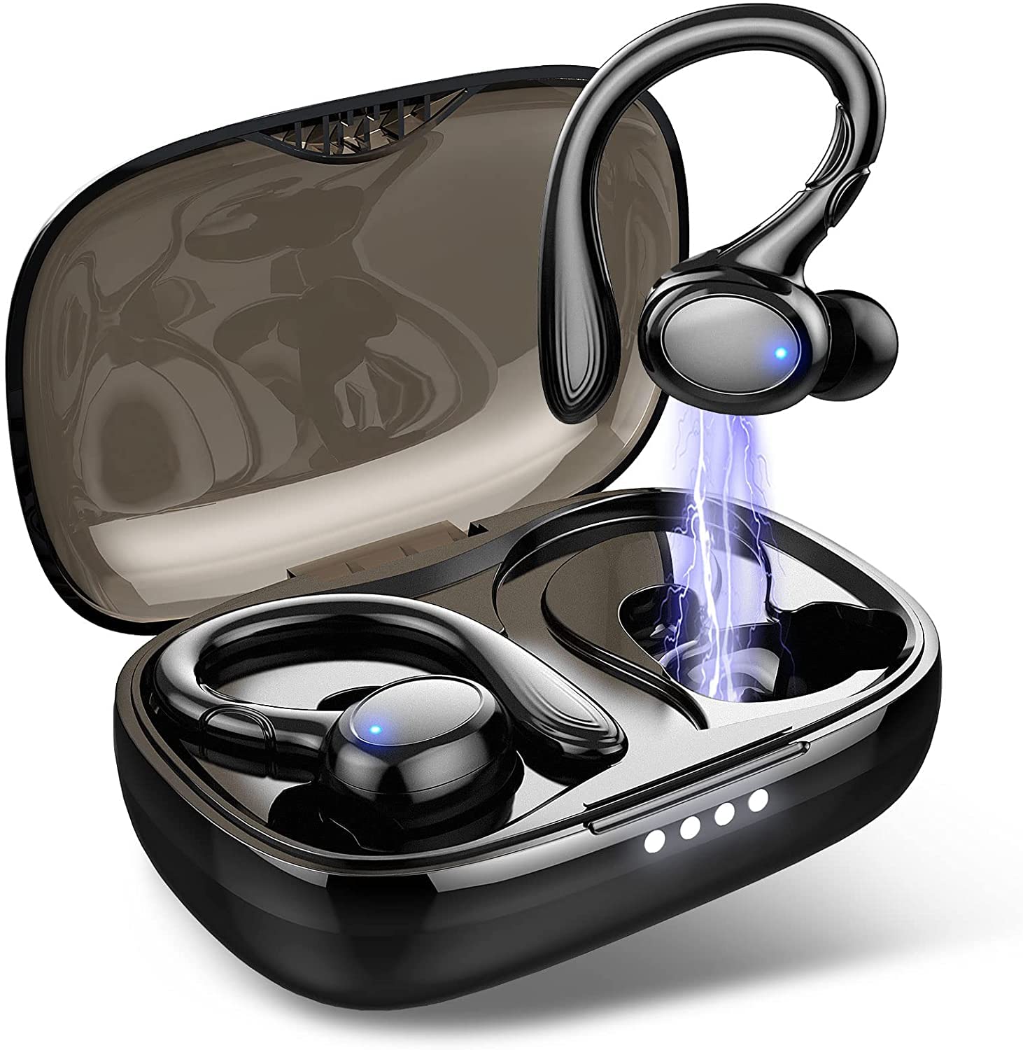 Rulefiss Wireless Earbud Bluetoth 5.1, Bluetoth Earphones Built-in Mic with HiFi Stereo Sound, 40 Hrs IP7 Waterproof Running Headphones with EarHooks, USB-C Fast Charge Ear Buds for Sport/Gym Black