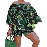 2 Piece Outfits for Women Sexy Off Shoulder Long Sleeve Plus Size Tops High Waisted Bodycon Shorts Set