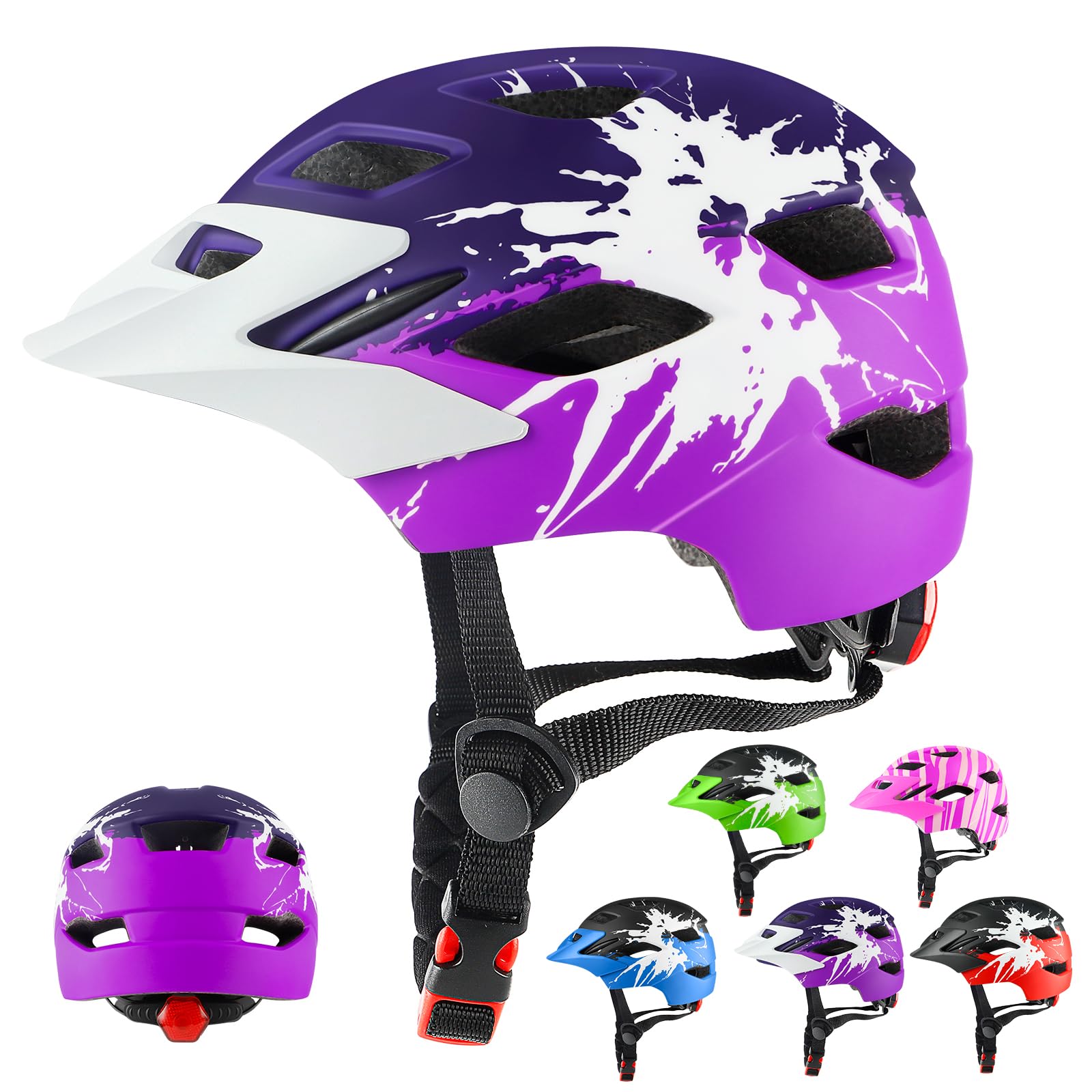 RaMokey Kids Helmet, Kids Bike Helmet for Boys Girls Age 3-15, Light Weight Cycling Helmet Mountain Bicycle Helmet with Taillight Adjustable Dial Removable Visor(48-56CM) (Purple+Rose)