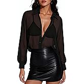 Prettywear Women Sheer Long Sleeve Tops See Through Mesh Oversized Blouses Sexy Trendy Button Down Shirts Tunic