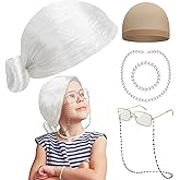 Huskein 100th Day of School Costume, Old Lady Cosplay White Bun Wig Glasses Wig Cap Pearl Necklace Bracelet Props for Kids Girls