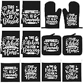 12 Pcs Farmhouse Kitchen Decor and Accessories Sets 4 Black Kitchen Towels 4 Absorbent Dishcloths 2 Pot Holders 2 Oven Mitts Gloves for Home Decorations Mom Gifts