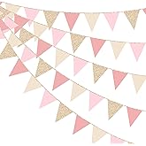 Champagne Gold Dusty Rose Pink Beige Party Pennant Banner Flag Hanging Glitter Paper Triangle Bunting for Women Girls Birthday Baby Shower Wedding Bridal Shower Holiday Party Decorations Supplies