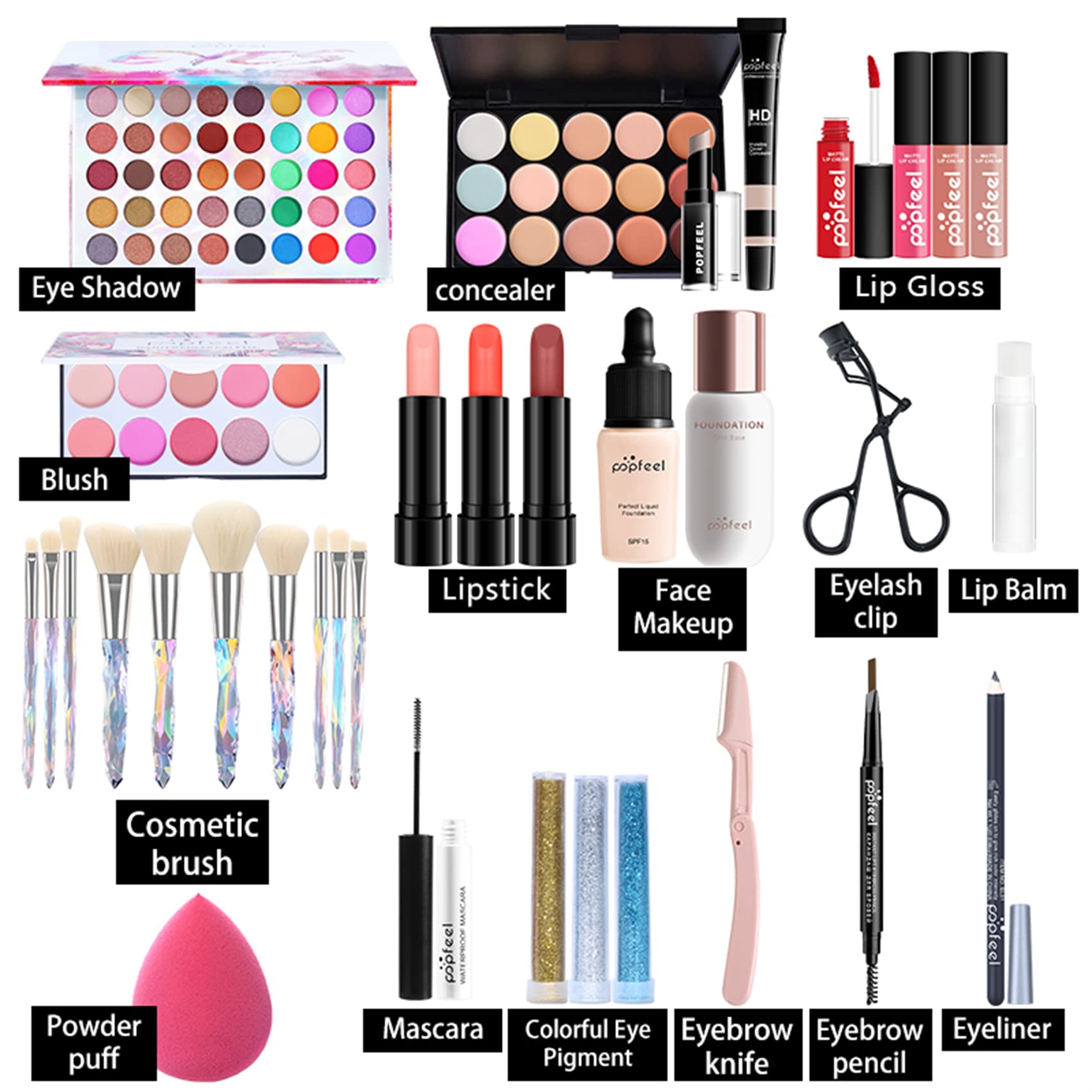 MolPafe All-in-one Professional Makeup Set for Beginners or teen girls, Cosmetic-Gift for Women -Include Makeup Brush Set, Eyeshadow Palette, Eyebrow Pencil, Mascara, Concealer, Lip Gloss Set -014