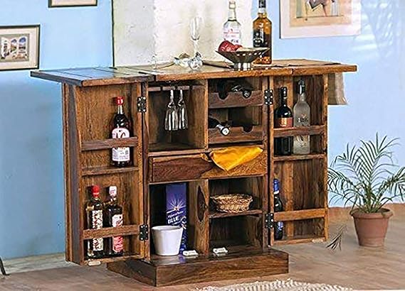 Liza Wood Decor Solid Wood Bar Cabinet with Wine Glass Storage for Home (Sheesham Wood, Natural Brown Finish)