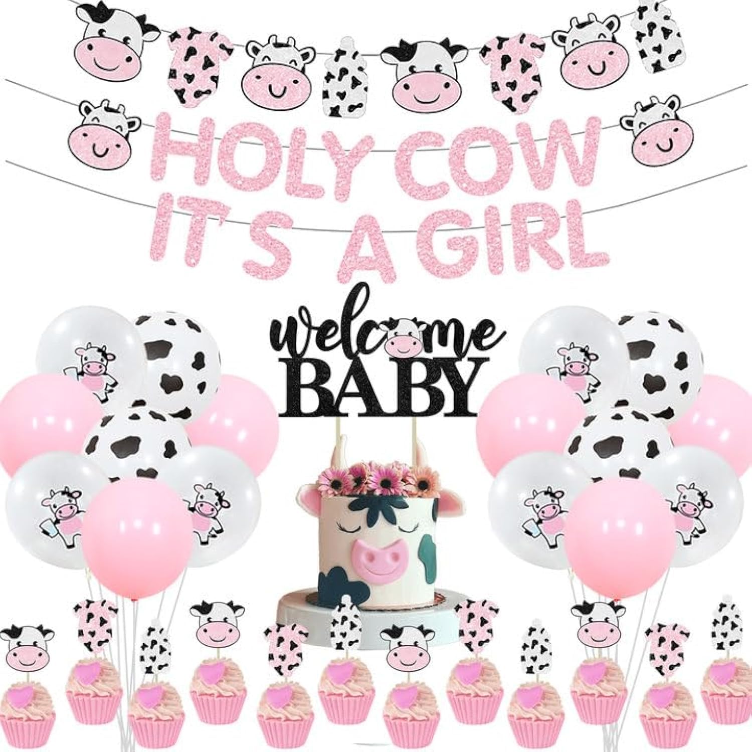 Cow Print Baby Shower Decorations Girl, Holy Cow It's a Girl Baby Shower Decorations, Pink Cow Garland, Welcome Baby Cake Toppers for Farm Animal Floral Girl Baby Shower Party Decoration