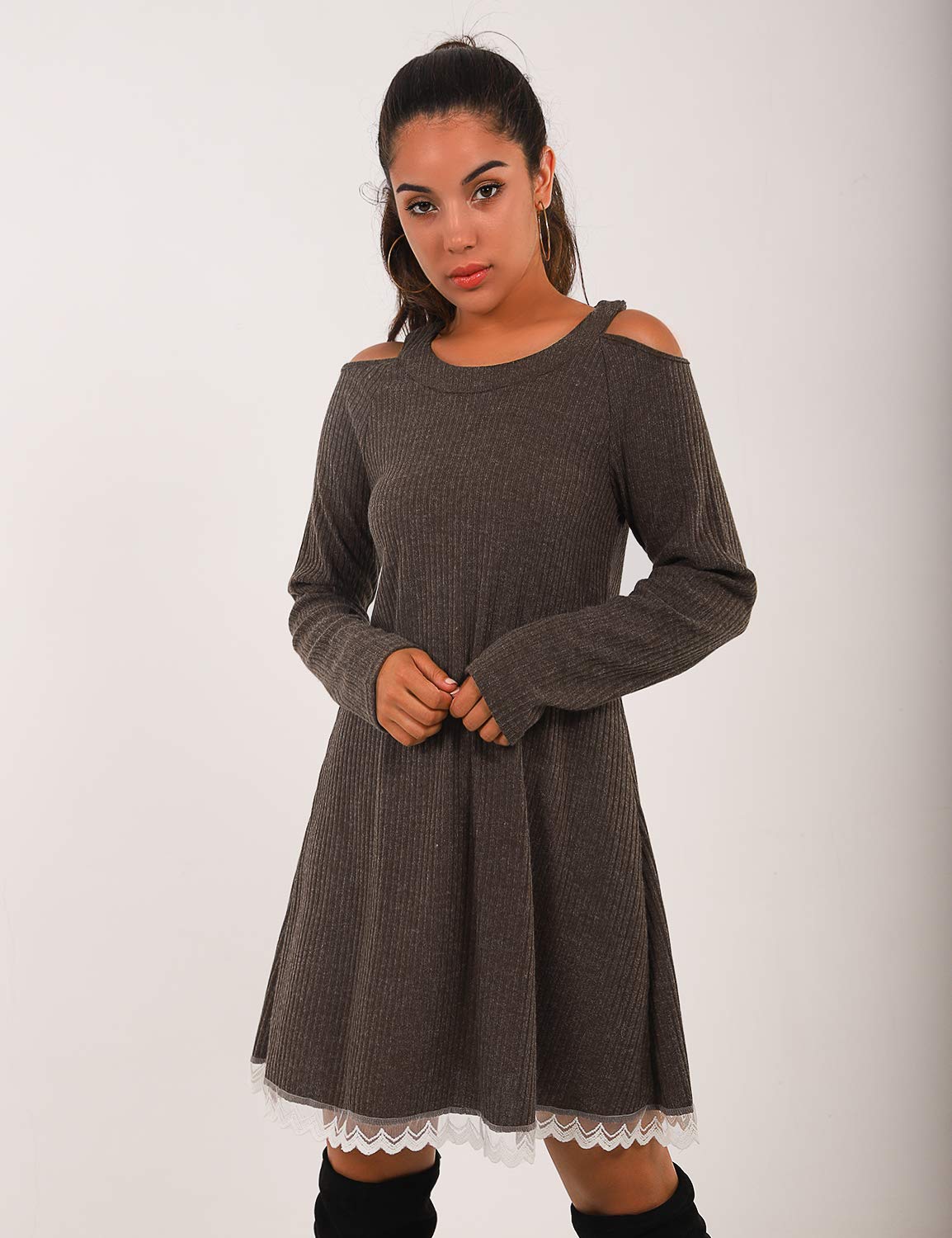 Blooming Jelly Women\'s Casual Cold Shoulder Lace Sweater Dress Long Sleeve Pleated Knit-Ribbed Swing Tunic Dress(M, Brown)