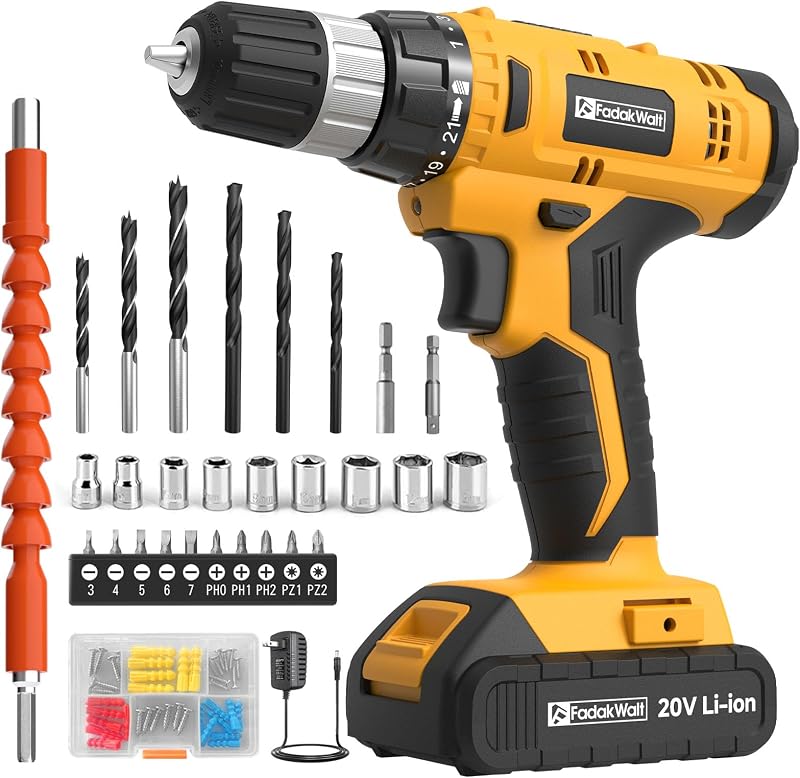 FADAKWALT 20V Cordless Drill Set with 40Pc Zubehör 2.0Ah Battery LED Light