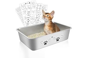 PWTAA Stainless Steel Cat Litter Box DIY Pattern High Side Cats Toilet Metal Kitten Litter Pan, Pet Cleaning Tool for Big & Small Cats, Splash-Proof & Non-Stick Cat Poop Box odorless 15.7"x11.8"x3.9"