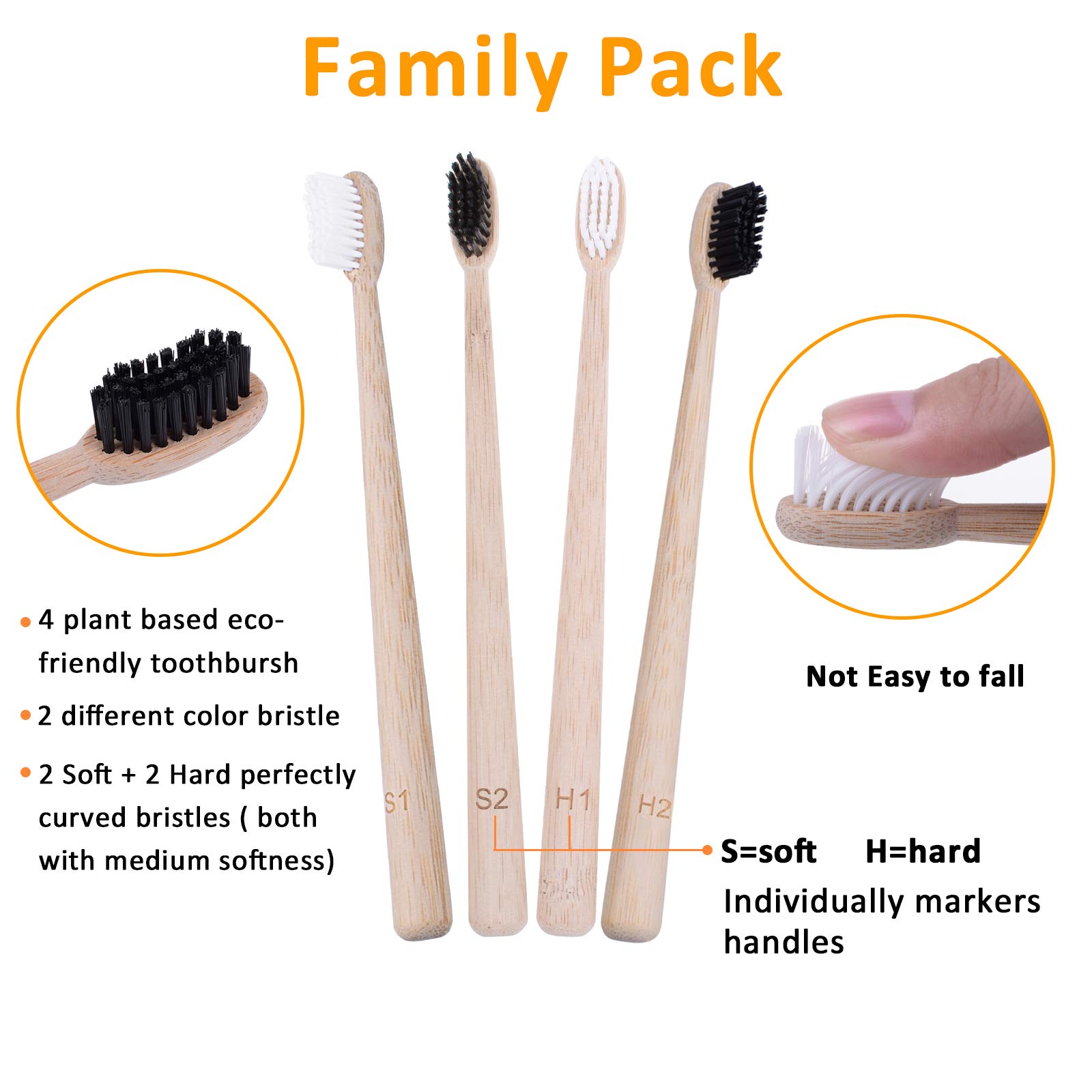 Bonviee Natrual Bamboo Toothbrush with Travel Holder Bamboo Charcoal Toothbrush Set Biodegradable Eco-Friendly with 2 Soft + 2 Hard Medium Charcoal Bristles Wooden Toothbrush for Adult Sensitive Gums