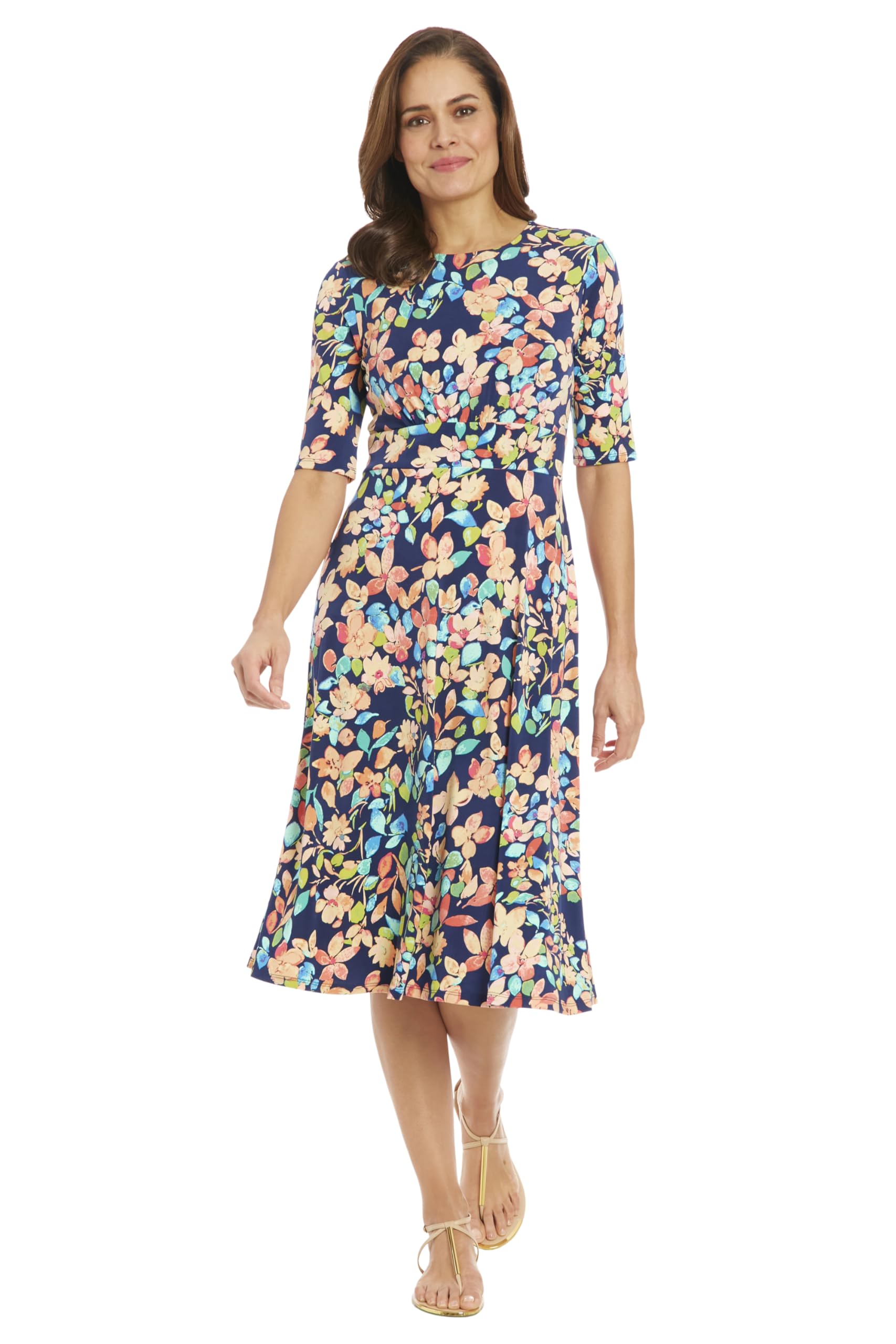 London Times Women’s Dresses Inset Waist Midi Dress Career Office Occasion Guest of, Navy/Cantaloupe, 6
