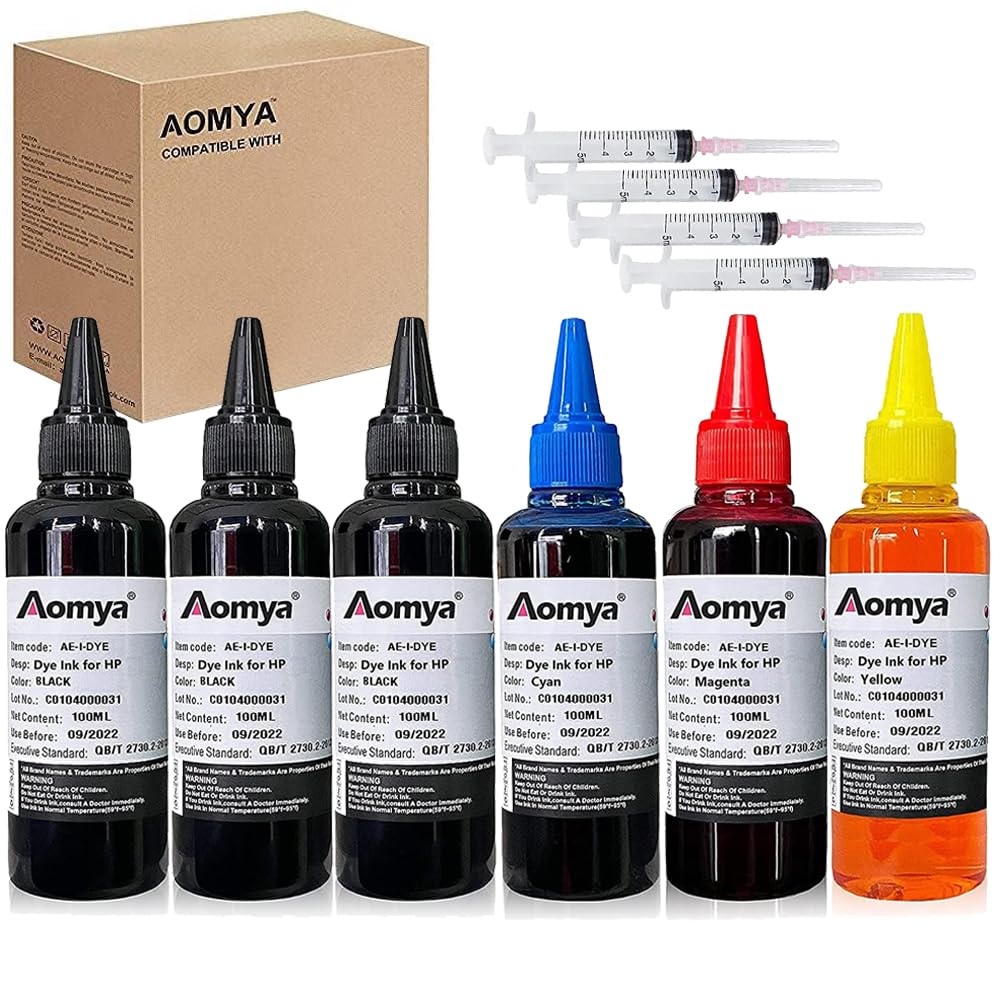 Ink Refill kit 6x100ml Compatible for HP 61 60 62 63 564 920 901 902 932 933 934 940 950 951 952 94 95 96 Printer Refillable Ink Cartridge CIS CISS System with 4 Free Syringes (3BK,C,M,Y)