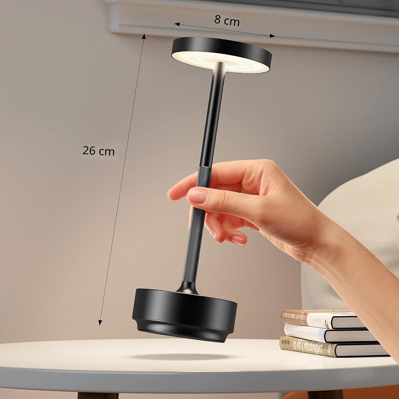 Candeeiro de mesa LED sem fios, recarregável, 5000 mAh, 3 modos de luz, uso interior/exterior, bateria de longa duração, lâmpada de mesa portátil USB-C (preto) — foto 3 de 8
