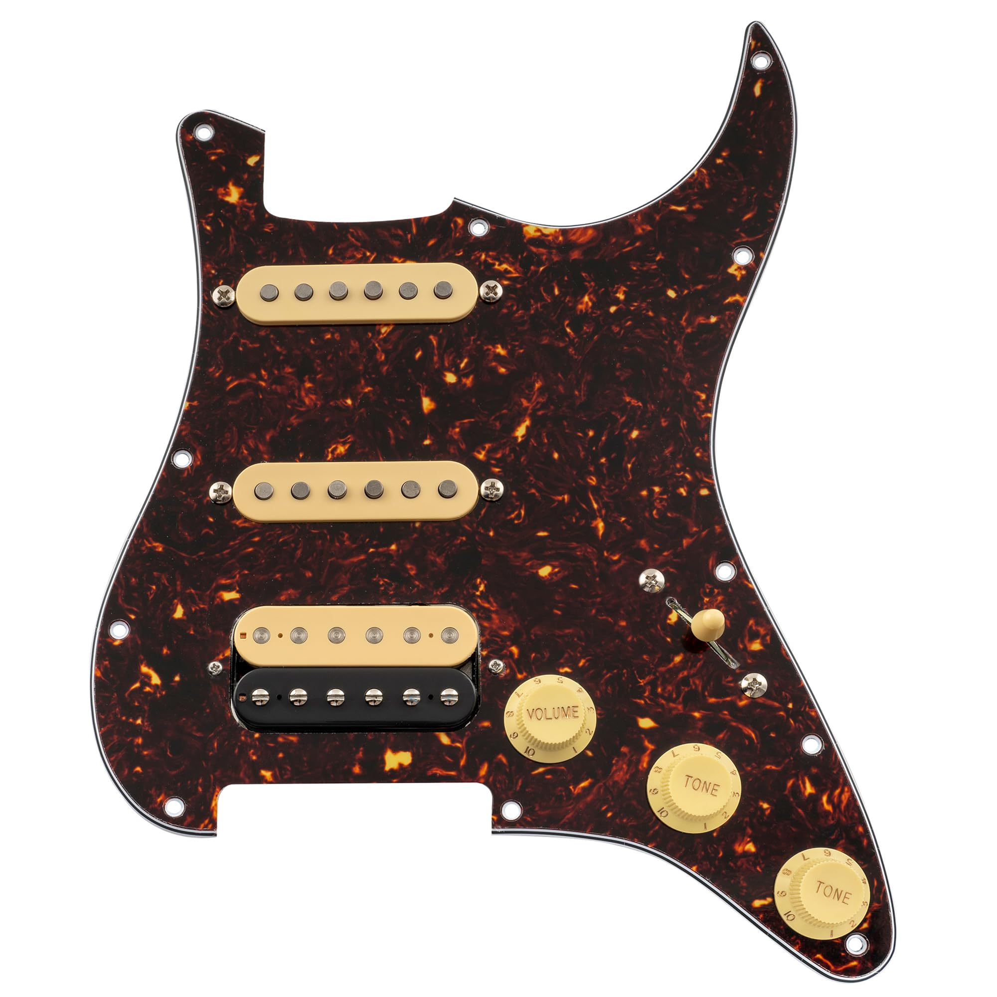Musiclily Pro Auto-Split Pre-wired Standard HSS Pickguard with Artec Pickups Alnico 5 Magnet for ST Style Electric Guitar, 4ply Tortoise Shell