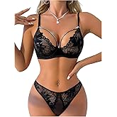 OYOANGLE Women's 2 Piece Rhinestone Chain Lingerie Set Sparkly Lace Underwire Bra and Panty Mesh Underwear Sets