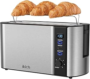 IKICH Long Toaster, 2 Long Slot 4 SliceToaster Digital Timer, Stainless Steel Bread Toaster for Big/Artisan/Sourdough Breads with Warming Rack