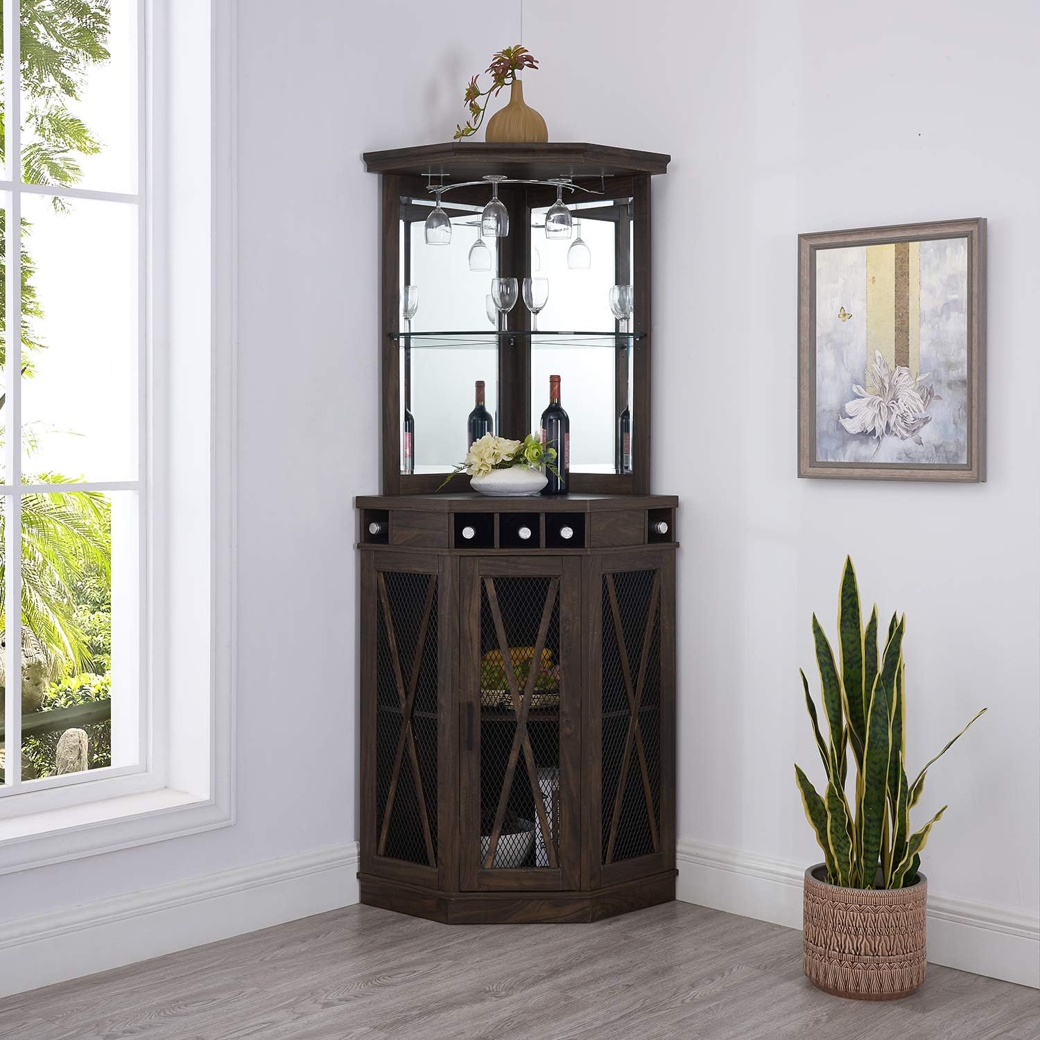 Home Source Corner Bar Unit with Built-in Wine Rack and Lower Cabinet (Oak)