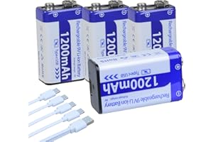 Rechargeable 9V Batteries 4 Pack, Lithium Batteries 9V for Smoke Detector,Wireless Microphones, multimeters