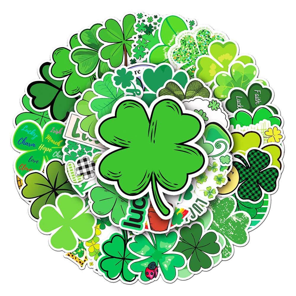 Green Four Leaf Clover Vinyl Stickers, 50 PCS Lucky Shamrock Green Decals for Laptops, Journals, Water Bottles, Scrapbooking, Planners & DIY Decor