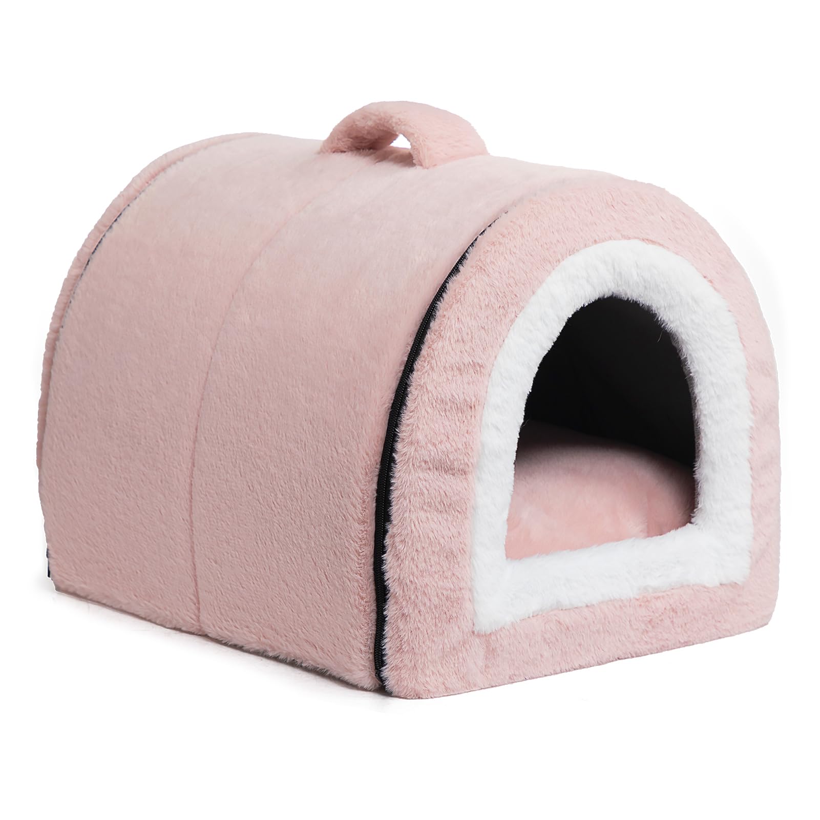 Hollypet Cat Bed Small Dog Bed, 2-in-1 Foldable Plush Pet Beds for Cats and Small Dogs, Cozy & Soft Pet Cave Beds Indoor Outdoor, Light Pink