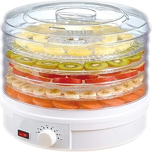 Electric Countertop Food Dehydrator - 350W Food Preserve - Beef Jerky?Fish Poultry?Fruit Vegetables Dryer with 5 Stackable Trays & Temperature Control Knob