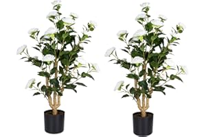 Romantic Season 2Pack Artificial Camellia Tree 3FT, White Faux Camellia Plant Fake Potted Camellia Flower Tree Plastic Camellia Tree for Modern Home Office Living Room Floor Décor Indoor