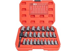 REBRA 27-Pieces Screw Extractor Set, 3/8" Inch Impact Double Head Easy Out Bolt Remover Kit, Hex Head Multi-Spline for Removing Stripped, Rounded, Damaged, Broken Screws, Bolts, Studs